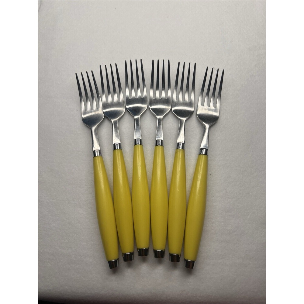 Set of 6 Fiesta yellow handled stainless steel forks by Cambridge Silversmiths.